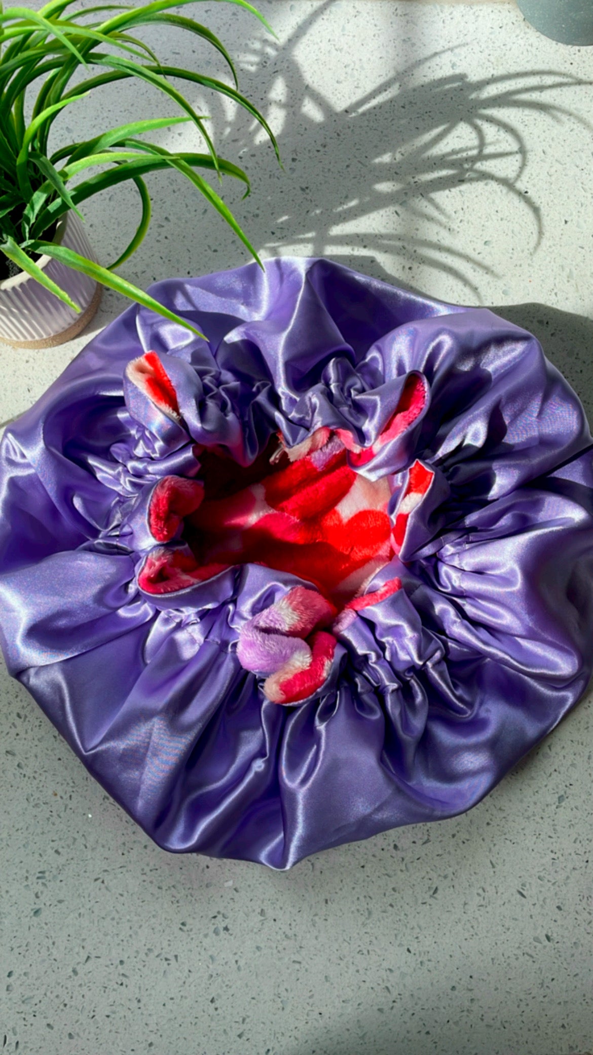 Adjustable Plush Heart Bonnet- Satin Lined Luxury Sleep Cap ( Pink & Lavender)