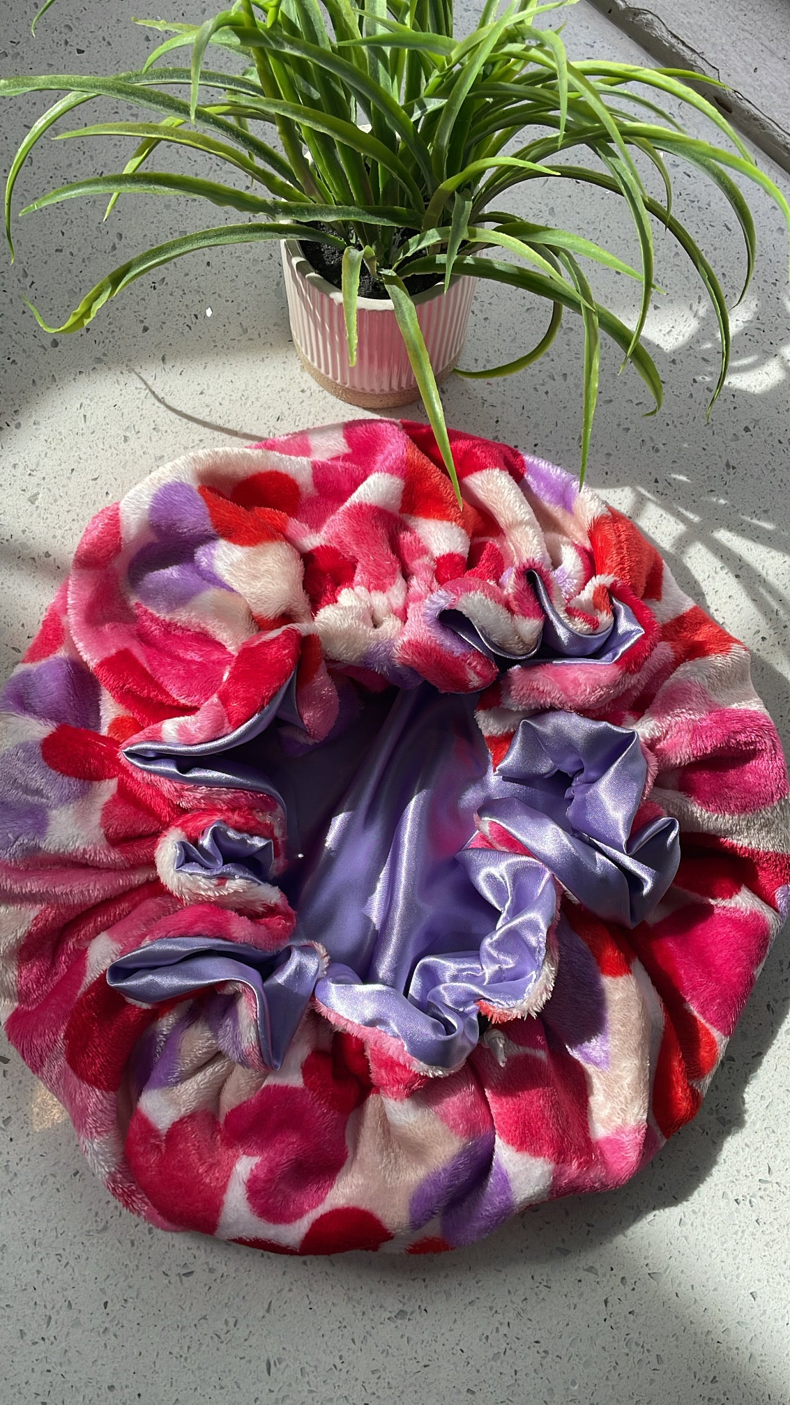 Adjustable Plush Heart Bonnet- Satin Lined Luxury Sleep Cap ( Pink & Lavender)