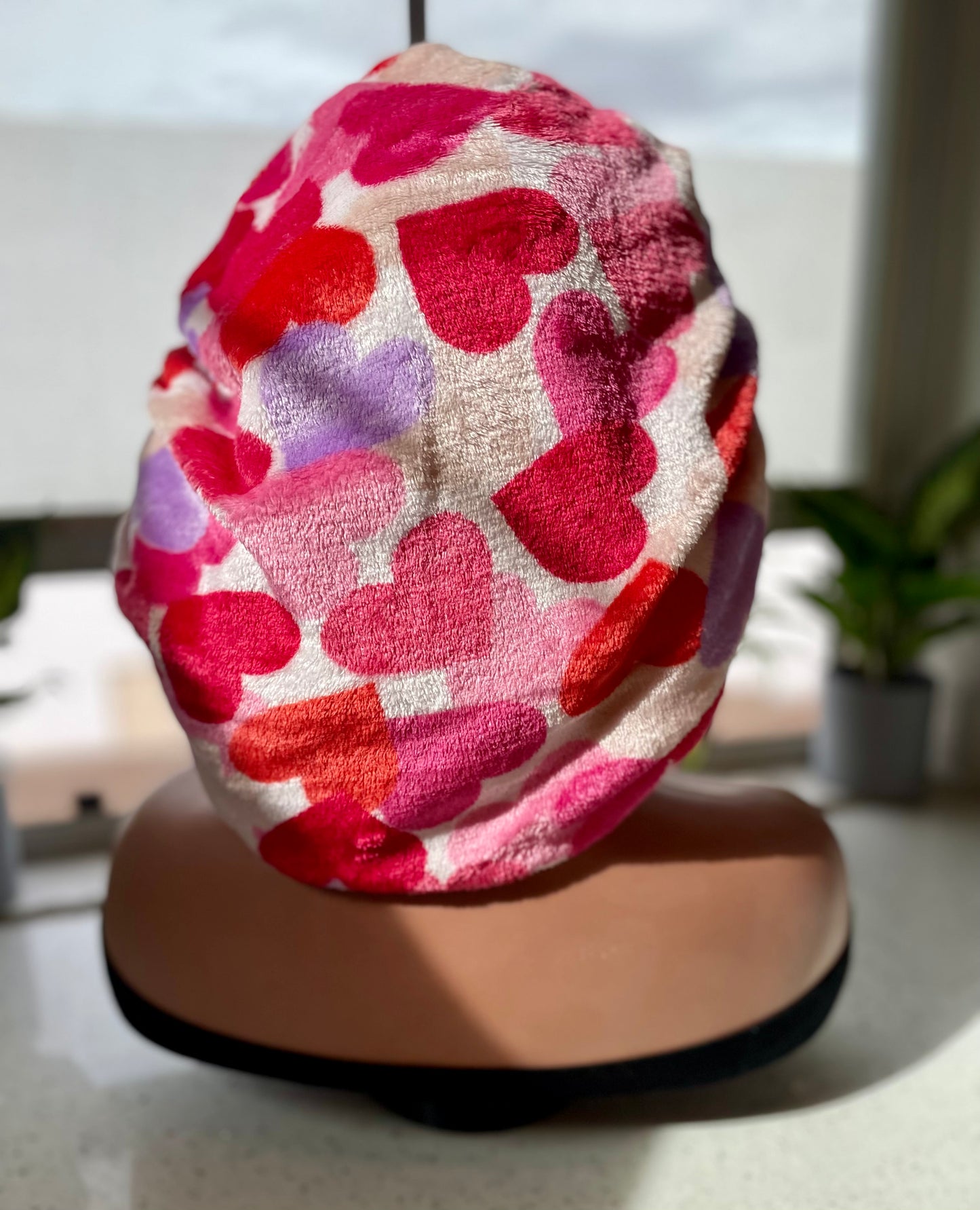 Adjustable Plush Heart Bonnet- Satin Lined Luxury Sleep Cap ( Pink & Lavender)